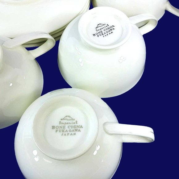 Cup Saucer Set Imperial Fukagawa Porcelain China Silver Trim 4 Cups 4 Saucers - Picture 11 of 11